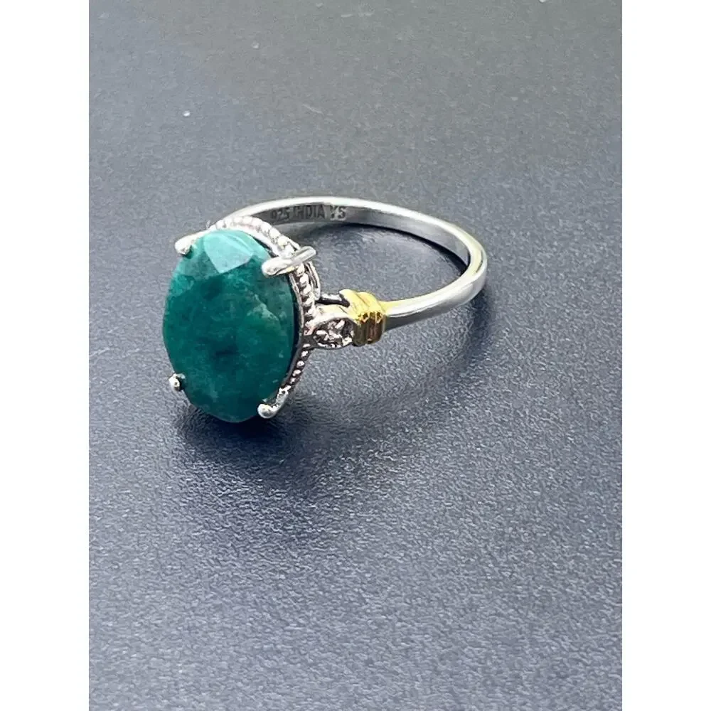 Designer Signed Sterling 925 India YS Natural Green Faceted Prong Beryl Ring‎ 9